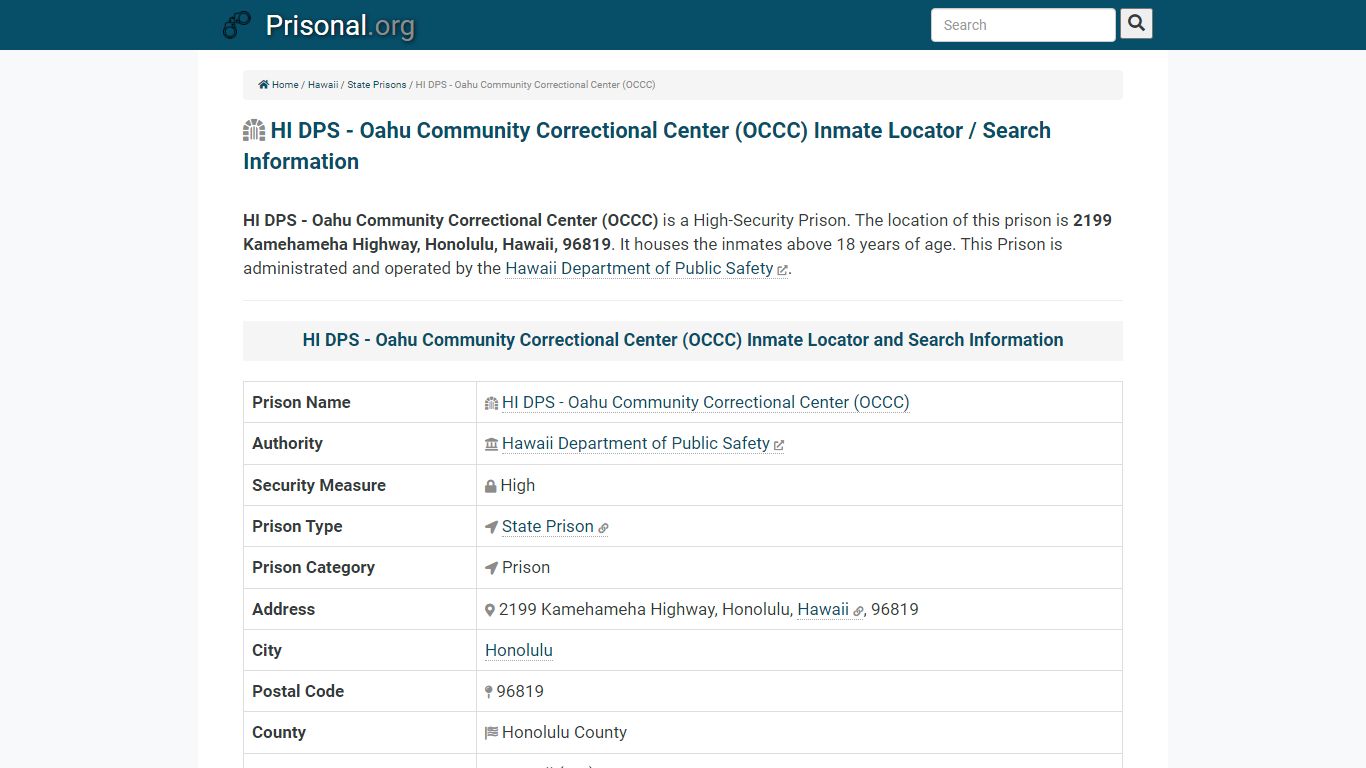 HI DPS - Oahu Community Correctional Center (OCCC)-Inmate ...